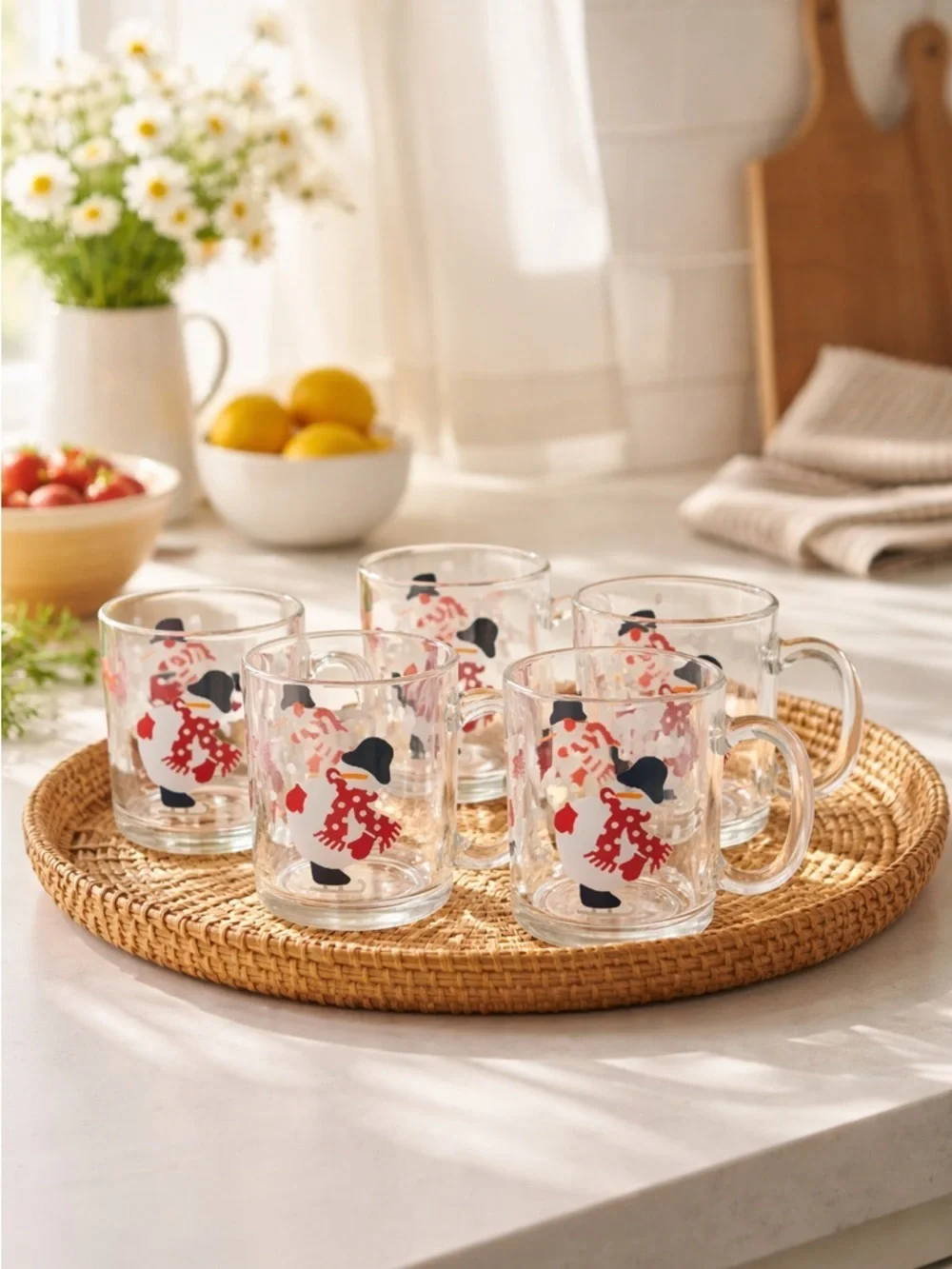 Crate & Barrel Snowman Glass Mugs Set of 6 | Holiday Winter Coffee Cups
